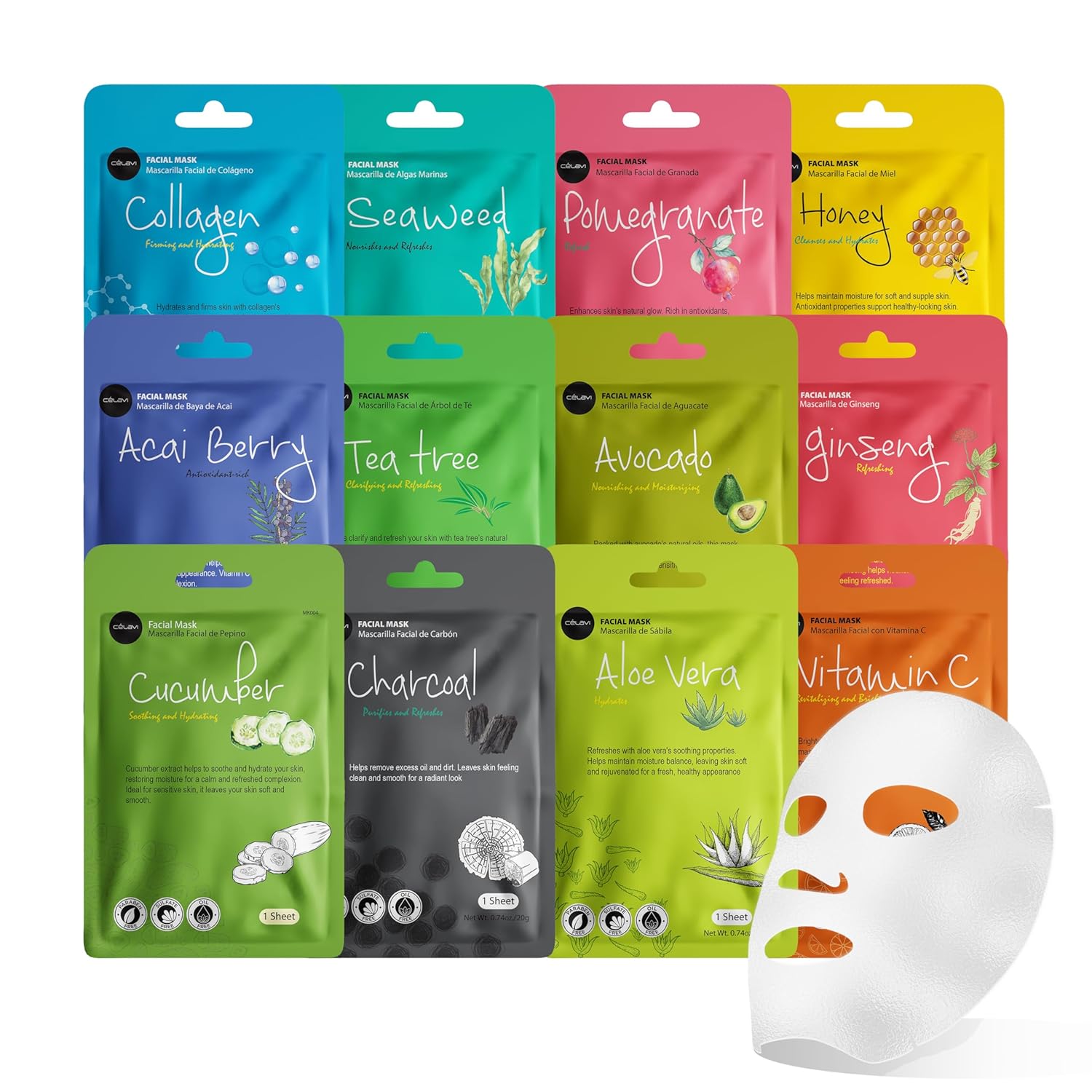 Celavi facial mask set displayed on a marble vanity with natural lighting