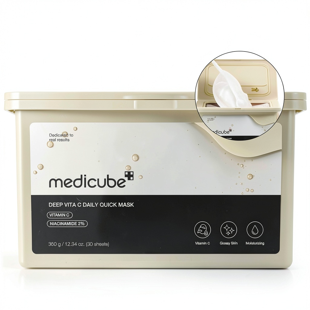 Applying Medicube Deep Vita C Facial Mask on a clean bathroom countertop